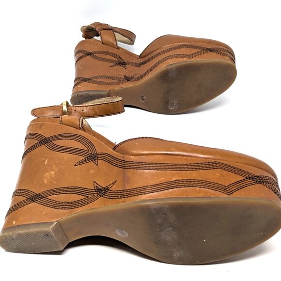 Michael Kors Closed Toe Platform Wedge Shoes Ankle Strap Tan Hide 8.5 Embroidery - Picture 7 of 16